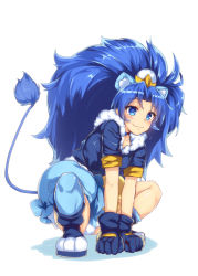 Rule 34 | 10s, 1girl, :, animal ears, asymmetrical clothes, big hair, blue eyes, blue gloves, blue hair, blue jacket, blue neckwear, blue theme, blue thighhighs, choker, cure gelato, earrings, fang, food-themed hair ornament, fur, fur jacket, fur trim, gloves, hair ornament, jacket, jewelry, kirakira precure a la mode, lion ears, lion tail, long hair, magical girl, ponytail, precure, satou (kuso-neet), short sleeves, simple background, single thighhigh, smile, solo, tail, tategami aoi, thighhighs, white background