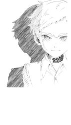 Rule 34 | 1boy, absurdres, greyscale, highres, looking at viewer, male focus, monochrome, neck tattoo, norman (yakusoku no neverland), number tattoo, official art, shadow, short hair, sketch, solo, tattoo, transparent background, upper body, yakusoku no neverland