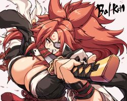 Rule 34 | amputee, bad id, bad pixiv id, baiken, big hair, black jacket, black kimono, breasts, cleanerjay, cleavage, drawing sword, eyepatch, facial tattoo, guilty gear, highres, holding, holding sword, holding weapon, jacket, jacket on shoulders, japanese clothes, kataginu, katana, kimono, large breasts, mouth hold, multicolored clothes, multicolored kimono, one-eyed, pink hair, ponytail, red eyes, samurai, sash, scar, solo, sword, tattoo, weapon, white kimono