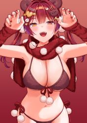 Rule 34 | 1girl, absurdres, animal ears, bikini, blunt bangs, breasts, brown bikini, bun (jewd5385), commentary request, fake animal ears, fangs, gradient background, hair ornament, heart, heart hair ornament, heterochromia, highres, hololive, houshou marine, large breasts, long hair, looking at viewer, nail polish, navel, open mouth, red background, red eyes, red nails, red scarf, scarf, solo, swimsuit, teeth, twintails, upper teeth only, virtual youtuber, yellow eyes