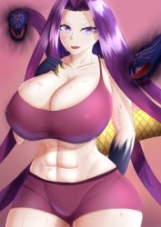 Rule 34 | 1girl, abs, absurdres, breasts, cleavage, fate/grand order, fate (series), gorgon (fate), gym shorts, highres, huge breasts, looking at viewer, lunar avenger, medusa (fate), medusa (rider) (fate), muscular, purple hair, rider, scales, shorts, skindentation, snake, snake hair, standing, sweat, sweatdrop, tail, tank top, thick thighs, thighs, tight clothes, wide hips, workout clothes