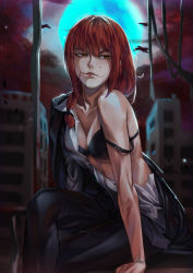 Rule 34 | 1girl, absurdres, bare arms, black bra, black pants, blood, bra, braid, braided ponytail, breasts, brown eyes, chainsaw man, cleavage, collarbone, dress shirt, hair between eyes, hair over shoulder, half-closed eyes, highres, jacket, unworn jacket, long hair, makima (chainsaw man), moon, night, open clothes, open mouth, open shirt, pants, phruekey, red hair, red lips, shirt, sitting, small breasts, solo, strap slip, underwear, white shirt