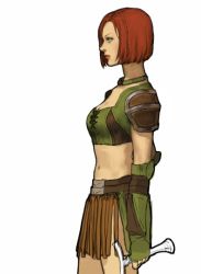 Rule 34 | 1girl, bad id, bad pixiv id, dragon age, dragon age: origins, elbow gloves, fingerless gloves, gloves, leliana (dragon age), lips, midriff, navel, pteruges, red hair, short hair, skirt, soft men, solo