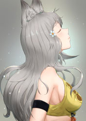 Rule 34 | 1girl, animal ear fluff, animal ears, bare shoulders, blush, breasts, closed mouth, commentary request, crop top, erune, flower, granblue fantasy, grey background, grey hair, hair flower, hair ornament, highres, light smile, long hair, medium breasts, profile, revision, sen (granblue fantasy), sideboob, sleeveless, solo, uneg, upper body, white flower