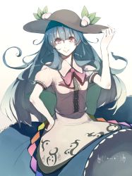 Rule 34 | 1girl, blue hair, dress, female focus, hand on headwear, hand on own hip, hat, highres, hinanawi tenshi, hip focus, long hair, pisoshi, red eyes, smile, solo, touhou, white background