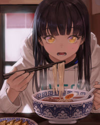 Rule 34 | 1girl, black hair, blunt bangs, blush, bowl, chopsticks, eating, eyelashes, food, highres, holding, holding chopsticks, holding spoon, hood, hood down, hoodie, korean commentary, long hair, long sleeves, looking at viewer, mole, mole under eye, noodles, open mouth, original, oto1 030, plate, solo, spoon, steam, white hoodie, yellow eyes