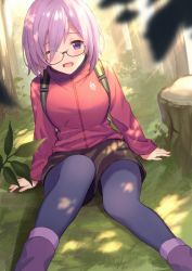 Rule 34 | 1girl, ;d, alternate costume, arms at sides, backpack, bag, black-framed eyewear, blurry, blurry foreground, blush, boots, brown shorts, day, depth of field, eyes visible through hair, fate/grand order, fate (series), feet out of frame, flower, forest, glasses, hair flower, hair ornament, haru (hiyori-kohal), jacket, light rays, long sleeves, looking at viewer, mash kyrielight, nature, on ground, one eye closed, open mouth, outdoors, pantyhose, pantyhose under shorts, pink hair, purple eyes, purple footwear, purple pantyhose, red jacket, short hair, shorts, sitting, smile, solo, sunbeam, sunlight, tree stump