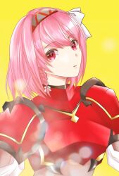 Rule 34 | 1girl, armor, braid, breastplate, cape, carpet, fire emblem, fire emblem engage, grey hairband, hairband, lapis (fire emblem), looking at viewer, nintendo, pink eyes, pink hair, red armor, red cape, red eyes, red hairband, ribbon, side braid, simple background, solo, sylphy fe, two-tone hairband, upper body, white ribbon, yellow background