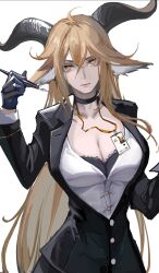 Rule 34 | 1girl, absurdres, ahoge, animal ear fluff, animal ears, arknights, asymmetrical hair, asymmetrical sidelocks, black bra, black choker, black gloves, black jacket, blonde hair, bra, breasts, bright pupils, brown horns, buttons, chinese commentary, choker, cleavage, collarbone, commentary request, cowboy shot, crossed bangs, degenbrecher (arknights), double-parted bangs, dress shirt, expressionless, eyelashes, gloves, goat ears, goat girl, goat horns, hair between eyes, hand up, highres, holding, holding pen, horns, id card, jacket, lapels, large breasts, layered sleeves, lingerie, lips, long bangs, long hair, long sleeves, looking at viewer, makeup, notched lapels, pale skin, partially unbuttoned, pen, pink lips, shirt, sidelocks, simple background, solo, standing, straight hair, underwear, v-shaped eyebrows, very long hair, white background, white pupils, white shirt, yaoshan shi, yellow eyes