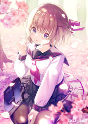 Rule 34 | 1girl, :p, black footwear, black sailor collar, black skirt, blue eyes, blurry, blurry foreground, blush, braid, breasts, briefcase, brown hair, brown pantyhose, cherry blossoms, closed mouth, commentary request, depth of field, fingernails, flower, hair between eyes, hair ribbon, hand up, highres, ikari (aor3507), loafers, neckerchief, original, pantyhose, pink flower, pleated skirt, red neckerchief, red ribbon, ribbon, sailor collar, school briefcase, shirt, shoes, sitting, skirt, small breasts, smile, solo, tongue, tongue out, twitter username, wariza, white shirt