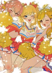 3girls ;d bare_legs blonde_hair breasts cheerleader collarbone commentary_request cropped_shirt fujima_(k114) fujimoto_rina grin highres holding holding_pom_poms idolmaster idolmaster_cinderella_girls jougasaki_mika looking_at_viewer medium_breasts midriff miniskirt multiple_girls ohtsuki_yui one_eye_closed open_mouth pink_hair pleated_skirt pom_pom_(cheerleading) pom_poms red_skirt sexy_gals_(idolmaster) simple_background skirt sleeveless smile socks sparkle star_(symbol) white_background white_socks