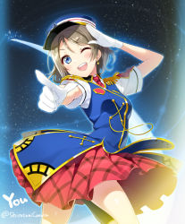 Rule 34 | blue eyes, blush, character name, checkered clothes, checkered skirt, cowboy shot, dress, from below, gloves, grey hair, happy party train, hat, love live!, love live! sunshine!!, one eye closed, short hair, skirt, sky, smile, star (sky), starry sky, watanabe you, wink