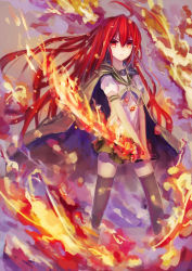 Rule 34 | 1girl, alastor (shakugan no shana), bad id, bad pixiv id, cape, fire, highres, jewelry, mahou kyuuri, md5 mismatch, pendant, red eyes, red hair, revision, school uniform, shakugan no shana, shana, solo, standing, sword, thighhighs, weapon, zettai ryouiki