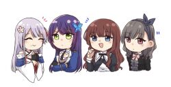 Rule 34 | 4girls, :d, ^ ^, arm at side, arms at sides, assault lily, black bow, black gloves, black hairband, black jacket, black necktie, black ribbon, blue eyes, blue jacket, blush, bow, bow hairband, bowtie, brown hair, butterfly hair ornament, chibi, closed eyes, closed mouth, collared shirt, commentary request, criss-cross halter, cropped jacket, cropped torso, crossed arms, detached sleeves, epaulettes, flower, funada kiito, funada ui, gloves, grey hair, hair bow, hair flower, hair ornament, hair ribbon, hairband, half gloves, halterneck, hand up, hands up, jacket, japanese clothes, juliet sleeves, kaede johan nouvel, kimono, kuroki francisca yuria, long hair, long sleeves, looking ahead, looking at viewer, ludvico private girls&#039; academy school uniform, medium hair, mole, mole under eye, mole under mouth, motion lines, multiple girls, neck ribbon, necktie, nigari (ngari 0115), notice lines, open mouth, own hands together, palms together, partially fingerless gloves, pink bow, pink bowtie, pink flower, puffy sleeves, purple hair, raised eyebrow, red eyes, red ribbon, ribbon, school uniform, second-party source, shirt, siblings, sidelocks, simple background, sisters, smile, upper body, wavy hair, white background, white kimono, white ribbon, white shirt, wide sleeves, yurigaoka girls academy school uniform
