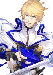 Rule 34 | 1boy, belt, blonde hair, blue eyes, english text, fingerless gloves, gloves, guilty gear, guilty gear x, guilty gear xx, hair between eyes, highres, holding, holding weapon, jacket, ky kiske, male focus, ogata tomio, open mouth, simple background, solo, sword, upper body, weapon, white background, white jacket
