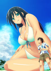 Rule 34 | 1boy, 1girl, :p, bare shoulders, beach, bikini, black hair, blush, breasts, brown hair, cloud, food, giant, giantess, green eyes, highres, holding, ice cream, large breasts, licking lips, long hair, looking back, looking up, midriff, navel, original, profile, short hair, shorts, sitting, size difference, sky, standing, sweatdrop, swimsuit, teston, thighs, tongue, tongue out, tree, white bikini