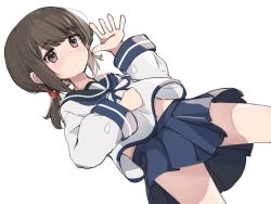 Rule 34 | 1girl, black sailor collar, blue ribbon, blue sailor collar, blue skirt, blush, brown eyes, brown hair, closed mouth, commentary request, cowboy shot, fubuki (kancolle), houjichaoic, kantai collection, long hair, long sleeves, low ponytail, midriff peek, navel, neck ribbon, pleated skirt, ponytail, ribbon, sailor collar, short ponytail, sidelocks, simple background, skirt, solo, white background