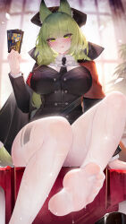 Rule 34 | 1girl, :p, absurdres, animal ears, arknights, binggong asylum, black bow, black cape, black necktie, black vest, blush, bow, breasts, buttons, cape, cat ears, collared shirt, extra ears, feet, foot out of frame, foot up, green eyes, green hair, hair bow, hand up, harmonie (arknights), harmonie (invitation) (arknights), headhunting permit (arknights), highres, holding, indoors, large breasts, layered sleeves, long hair, long sleeves, looking at viewer, necktie, no shoes, pantyhose, plant, potted plant, see-through, shirt, sitting, soles, solo, thighs, toes, tongue, tongue out, vest, wet, wet clothes, white pantyhose, white shirt, window