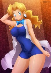 Rule 34 | 1girl, absurdres, arm behind head, arm up, blonde hair, blue bow, blue bowtie, blue dress, blue eyes, blush, bow, bowtie, breasts, cleavage, creatures (company), dress, earrings, game freak, highres, jacket, jewelry, large breasts, long hair, looking at viewer, molly hale, nintendo, open clothes, open jacket, pokemon, pokemon (anime), pokemon (classic anime), pokemon 3: the movie - spell of the unown: entei, sleeveless, sleeveless dress, sleeveless jacket, smile, standing, white jacket, zel-sama