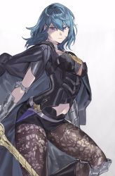 Rule 34 | 1girl, blue eyes, blue hair, boots, brown pantyhose, byleth (female) (fire emblem), byleth (fire emblem), cape, clothing cutout, dagger, fire emblem, fire emblem: three houses, gradient background, hashibiro kou (garapiko p), highres, holding, holding sword, holding weapon, knee guards, knife, navel, navel cutout, nintendo, pantyhose, pantyhose under shorts, print pantyhose, shorts, sword, sword of the creator, weapon