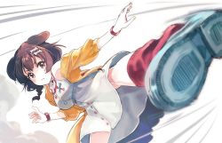 Rule 34 | 1girl, animal collar, animal ears, blue footwear, bone hair ornament, braid, breasts, brown hair, closed mouth, collar, commentary, cowboy shot, dog ears, dog girl, dog tail, dress, foreshortening, hair ornament, hololive, inugami korone, inugami korone (1st costume), jacket, kicking, looking at viewer, medium breasts, medium hair, motion blur, motion lines, nail polish, off shoulder, open clothes, open jacket, red eyes, red socks, sakino shingetsu, shoe soles, shoes, side braids, simple background, sleeveless, sleeveless dress, socks, solo, standing, standing on one leg, tail, twin braids, virtual youtuber, white background, white dress, wristband, yellow jacket, yellow nails