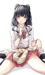 Rule 34 | 1girl, absurdres, black hair, black socks, blunt bangs, blush, bow, bowtie, brown eyes, cardigan, cardigan around waist, closed mouth, clothes around waist, clothes lift, commentary, double bun, endo yohane, gyaru, hair bun, highres, idolmaster, idolmaster shiny colors, kneehighs, kogal, lifting own clothes, light smile, lips, looking at viewer, loose bowtie, mayuzumi fuyuko, no shoes, open collar, plaid, plaid skirt, pleated skirt, shirt, simple background, sitting, skirt, skirt hold, skirt lift, sleeves rolled up, smile, socks, solo, v, v over mouth, wariza, wavy hair, white background, white shirt