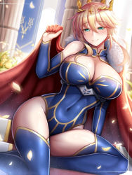 Rule 34 | 1girl, absurdres, ahoge, armor, arms up, artoria pendragon (fate), artoria pendragon (lancer) (fate), banner, bare shoulders, blue leotard, blue thighhighs, blush, braid, breasts, cape, cleavage, cleavage cutout, closed mouth, clothing cutout, column, covered navel, cross, crown, detached collar, eyebrows, eyelashes, fate/grand order, fate (series), flower, french braid, fur-trimmed cape, fur trim, green eyes, guardian-panda, hair between eyes, heattech leotard, highleg, highleg swimsuit, highres, holding, holding cape, holding clothes, jewelry, large breasts, leotard, light particles, light smile, lily (flower), long hair, looking at viewer, navel, petals, pillar, plant, red cape, shiny clothes, shiny skin, short hair with long locks, simple background, sitting, sitting on stairs, smile, solo, stairs, sunlight, swept bangs, swimsuit, thighhighs, turtleneck, wind, window