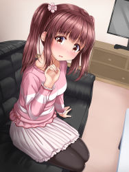 Rule 34 | 1girl, blush, breasts, brown eyes, brown hair, brown pantyhose, collarbone, commentary request, couch, flat screen tv, flower, hair flower, hair ornament, hand up, head tilt, highres, idolmaster, idolmaster cinderella girls, indoors, long hair, long sleeves, looking at viewer, ogata chieri, on couch, pantyhose, parted lips, pink flower, pink shirt, pleated skirt, shirt, sidelocks, sitting, skirt, small breasts, solo, table, television, twintails, u2 (5798239), white skirt