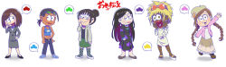 Rule 34 | 10s, 6+girls, :&gt;, :3, braid, choroko (osomatsu-san), commentary request, dress, fujoshi, ganguro, gender request, genderswap, glasses, hair bun, highres, hua hua, ichiko (osomatsu-san), jyushiko (osomatsu-san), karako (osomatsu-san), long skirt, looking up, multiple girls, office lady, osoko (osomatsu-san), osomatsu-san, osomatsu (series), pencil skirt, sextuplets, simple background, single hair bun, skirt, smile, todoko (osomatsu-san), twin braids, white background