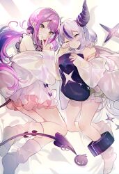 Rule 34 | 2girls, absurdres, ahoge, ankle cuffs, bare shoulders, bed sheet, camisole, closed mouth, crow (la+ darknesss), fang, green eyes, grey hair, hair ornament, hairclip, highres, hololive, horns, jacket, la+ darknesss, legs, long hair, long sleeves, looking at viewer, loose socks, low twintails, lying, mayutsuba mono, miniskirt, multicolored hair, multiple girls, no shoes, hugging object, off shoulder, on side, one eye closed, piercing, pillow, pillow hug, pointy ears, purple hair, rubbing eyes, shadow, sidelocks, skin fang, skirt, smile, socks, strap slip, streaked hair, tail, tail ornament, tail piercing, tokoyami towa, twintails, v over mouth, very long hair, virtual youtuber, white jacket, white skirt, white socks