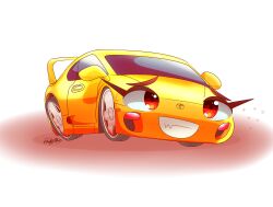 Rule 34 | animification, artist request, commentary, english commentary, highres, looking ahead, no humans, orange eyes, original, shadow, signature, smile, spoiler (automobile), third-party source, toyota, toyota supra, toyota supra mk iv, vehicle focus, white background