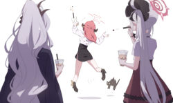 Rule 34 | 3girls, arms up, aru (blue archive), black cat, blue archive, blurry, bracelet, bubble tea, bullying, cat, coat, coat on shoulders, commentary request, cup, demon girl, demon horns, depth of field, disposable cup, drinking straw, firing, from behind, grey hair, hair ornament, hair scrunchie, halo, hennnachoco, high heels, hina (blue archive), holding, holding cup, holding drinking straw, horns, jewelry, jumping, long hair, long sleeves, multiple girls, mutsuki (blue archive), pink hair, prank, school uniform, scrunchie, short sleeves, sidelocks, simple background, surprised, sweat, very long hair, white background