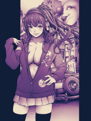 Rule 34 | 1boy, 1girl, bikini, bikini top only, breasts, car, cleavage, commentary request, hand on own hip, hand up, headphones, hood, hood down, hooded jacket, jacket, large breasts, lips, long hair, looking at viewer, monochrome, motor vehicle, original, partially unzipped, pleated skirt, ponytail, skirt, skull print, solo focus, swimsuit, temutemutemu, thighhighs, zettai ryouiki