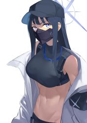 Rule 34 | 1girl, armband, bare shoulders, baseball cap, belt, black belt, black hair, black hat, black mask, black pants, black shirt, blue archive, blue eyes, blunt bangs, breasts, chest harness, coat, commentary request, covered mouth, cowboy shot, crop top, fuji nyaga, groin, halo, harness, hat, highres, long hair, looking at viewer, mask, medium breasts, midriff, mouth mask, navel, off shoulder, pants, saori (blue archive), shirt, simple background, sleeveless, sleeveless shirt, solo, standing, underbust, white background, white coat