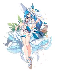 Rule 34 | 1girl, blue eyes, blue hair, breasts, female focus, flower, full body, glasses, grand chase, hat, highres, large breasts, long hair, looking at viewer, mari ming onette, official art, red eyes, sandals, simple background, solo, swimsuit, tagme, transparent background, very long hair