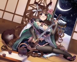 Rule 34 | 1girl, absurdres, animal ears, breasts, brown eyes, brown hair, cup, elbow gloves, fox ears, fox girl, fox tail, garter straps, glasses, gloves, highres, huge filesize, japanese clothes, kimono, lap pillow, large breasts, long hair, looking at viewer, moon, moonlight, original, pince-nez, seiza, sitting, smile, solo, tail, teacup, teapot, teeth, thick thighs, thighhighs, thighs, winter, yuuren kyouko