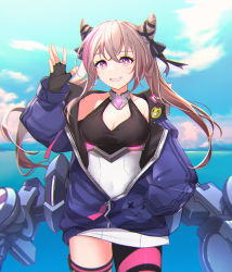 Rule 34 | 1girl, absurdres, azur lane, black gloves, black ribbon, blue jacket, blue sky, breasts, cleavage, dress, feet out of frame, fingerless gloves, gloves, hair ribbon, hand in pocket, hand up, highres, horns, huge filesize, jacket, light brown hair, long hair, looking at viewer, medium breasts, multicolored hair, open clothes, open jacket, purple eyes, rabe26k, ribbon, san francisco (azur lane), short dress, sky, smile, solo, standing, thighhighs, two-tone hair, water