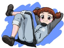 Rule 34 | 1girl, ankle boots, arms behind head, arms up, blue footwear, blue jacket, blue pants, blue skirt, blunt bangs, boots, closed mouth, commentary, crossed legs, girls und panzer, grey socks, hair tie, jacket, keizoku military uniform, knee up, long sleeves, looking at viewer, lying, mikko (girls und panzer), military, military uniform, miniskirt, on back, pants, pants rolled up, pants under skirt, pleated skirt, raglan sleeves, red eyes, red hair, short hair, short twintails, skirt, smile, socks, solo, takahashi kurage, track jacket, track pants, twintails, uniform, zipper