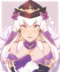 Rule 34 | 1girl, absurdres, black hat, bow, fire emblem, fire emblem: three houses, fire emblem heroes, gloves, hair ornament, hat, highres, lazeuli, long hair, lysithea von ordelia, nintendo, open mouth, pink eyes, simple background, solo, upper body, white gloves, white hair