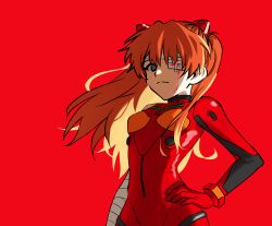 Rule 34 | 1girl, absurdres, artist request, blue eyes, breasts, brown hair, cowboy shot, the end of evangelion, floating hair, hair ornament, highres, injury, interface headset, legs apart, long hair, looking at viewer, medium breasts, neon genesis evangelion, plugsuit, red background, shiny clothes, solo, souryuu asuka langley, two side up, v-shaped eyebrows
