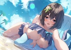 Rule 34 | 1girl, :o, absurdres, bare arms, bare shoulders, bikini, bikini skirt, black hair, blue eyes, blue sky, blush, breasts, breasts out, cloud, hair ornament, hairclip, highres, large breasts, liya, looking at viewer, lying, nipples, on stomach, open mouth, original, outdoors, palm tree, short hair, sky, solo, swimsuit, thighs, tree, variant set, water, wet