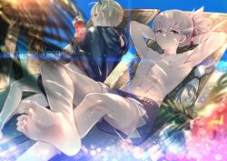 Rule 34 | 2boys, bare arms, bare legs, bare shoulders, barefoot, beach, blonde hair, cape, coconut tree, cup, day, drink, drinking glass, drinking straw, english text, feet, fire emblem, fire emblem fates, flower, hair ribbon, leo (fire emblem), leo (summer) (fire emblem), lying, male focus, miyuki ruria, multiple boys, nintendo, ocean, on side, palm tree, ponytail, red eyes, ribbon, sand, short hair, shorts, silver hair, smile, soles, sun, takumi (fire emblem), tree, tropical, tropical drink