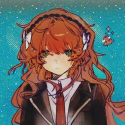 Rule 34 | 1girl, black jacket, bow, brown hairband, closed mouth, collared shirt, green eyes, hair bow, hairband, highres, ishmael (project moon), jacket, limbus company, long hair, long sleeves, looking at viewer, necktie, octopus, orange hair, project moon, red necktie, shirt, solo, very long hair, white bow, white trim, wing collar, yiyou ill