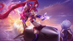 Rule 34 | 1girl, alternate costume, alternate hair color, alternate hairstyle, bare shoulders, belt, black gloves, black thighhighs, bow, earrings, elbow gloves, fingerless gloves, gloves, hair ornament, highres, jewelry, jinx (league of legends), league of legends, long hair, magical girl, red bow, red eyes, red hair, red neckwear, rocket, short shorts, shorts, star guardian (league of legends), star guardian jinx, thighhighs, twintails, very long hair, weapon