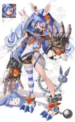 1girl :3 absurdres alternate_costume animal_ear_fluff animal_ears arm_at_side ball_and_chain_restraint belt bike_shorts black_shorts blue_belt blue_hair blue_hood blue_shrug bridal_garter closed_mouth commentary cosplay don-chan_(usada_pekora) ear_tag ears_through_hood english_commentary full_body gauntlets gigi_murin gigi_murin_(cosplay) hair_through_hood hand_up highres hololive hololive_english hood hood_up hooded_shrug long_hair long_sleeves looking_at_viewer maison_de_cante mask mechanical_tail multicolored_hair orange_eyes parted_lips paw_shoes pekomon_(usada_pekora) rabbit-shaped_pupils rabbit_ears rabbit_girl respirator shadow shirt short_eyebrows shorts shrug_(clothing) single_thighhigh smile spikes standing streaked_hair striped_clothes striped_thighhighs symbol-shaped_pupils tail thick_eyebrows thighhighs twintails two-tone_hair usada_pekora virtual_youtuber white_hair white_shirt zipper zipper_pull_tab |_|