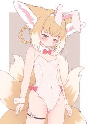 Rule 34 | absurdres, alternate costume, animal ear fluff, animal ears, arknights, bad id, bad pixiv id, bare shoulders, blonde hair, blush, bow, bowtie, braid, braided hair rings, breasts, chrocatz, covered navel, detached collar, embarrassed, fake animal ears, flying sweatdrops, fox ears, fox girl, fox tail, groin, hair rings, highres, leotard, long hair, multiple tails, playboy bunny, rabbit ears, red bow, red bowtie, small breasts, solo, suzuran (arknights), tail, tears, thigh strap, thighs, twin braids, twintails, white leotard, wrist cuffs