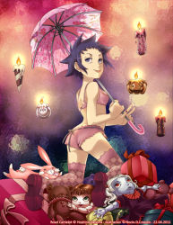Rule 34 | bra, candle, checkered clothes, checkered legwear, d.gray-man, doll, holding, holding umbrella, pink thighhighs, pumpkin, purple hair, road kamelot, shoes, short hair, solo, thighhighs, umbrella, underwear, underwear only