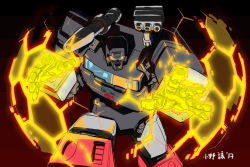 Rule 34 | 1boy, autobot, glowing hands, gradient background, makoto ono, mecha, no humans, open mouth, robot, science fiction, trailbreaker, transformers, visor