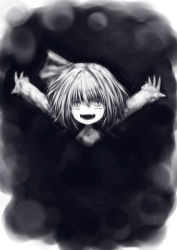 Rule 34 | 1girl, darkness, fangs, female focus, hidarikata, monochrome, open hands, open mouth, outstretched arms, purple theme, ribbon, rumia, short hair, solo, spread arms, touhou