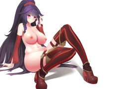 Rule 34 | 1girl, arm at side, arm support, benghuai xueyuan, blunt bangs, blush, braid, breasts, closed mouth, collarbone, commentary request, detached sleeves, fingernails, hair ornament, hair tie, hand in own hair, high heels, highres, honkai (series), knees up, large breasts, long hair, looking at viewer, navel, nipples, nude, ponytail, purple eyes, purple hair, raiden mei, raiden mei (valkyrie bladestrike), red footwear, ruffling hair, shiny skin, shoes, side braid, simple background, sitting, smile, solo, stomach, striped clothes, striped thighhighs, thigh strap, thighhighs, vertical-striped clothes, vertical-striped thighhighs, very long hair, white background, xionghan de guangtou